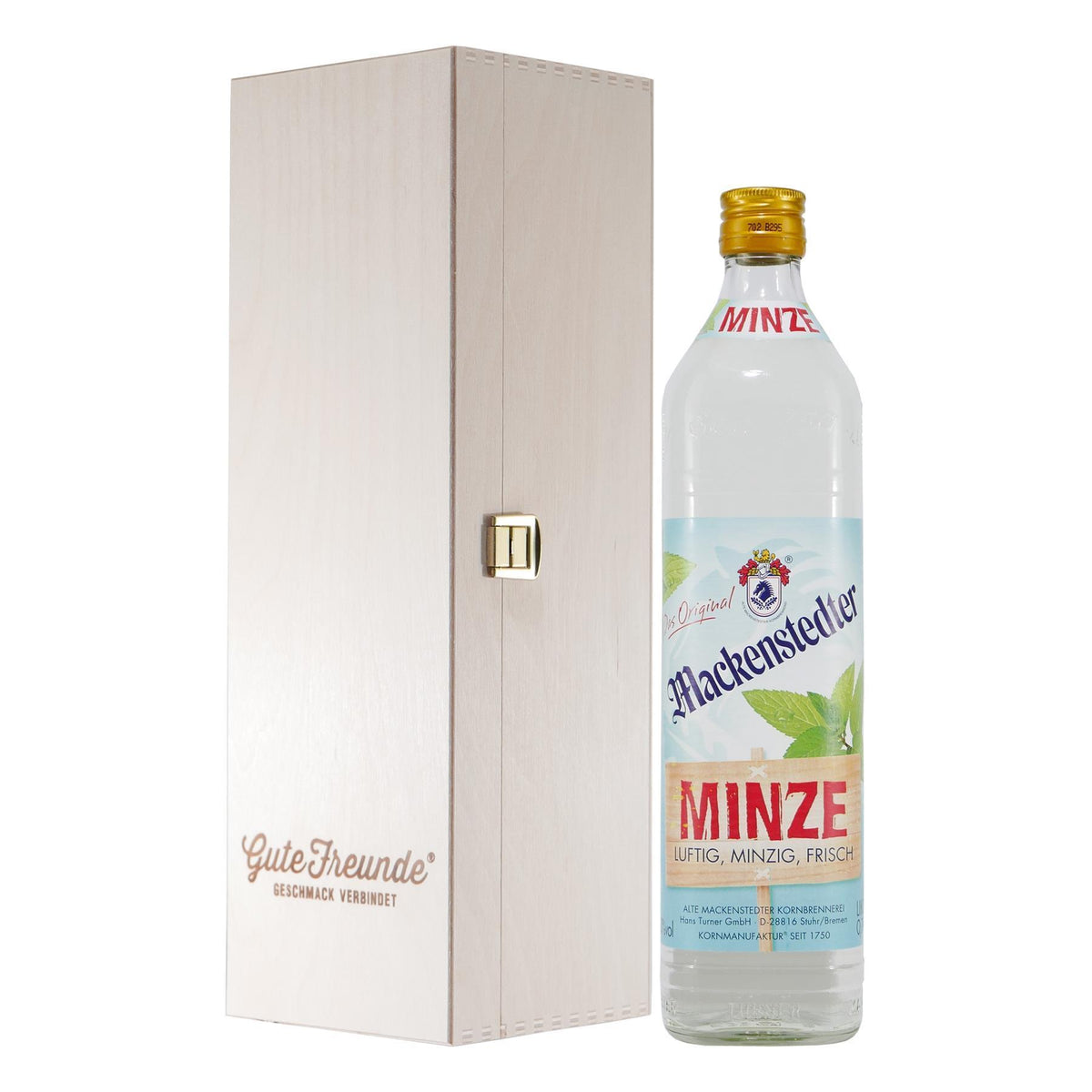 Mackenstedter Minze Likör mit Geschenk-Holzkiste