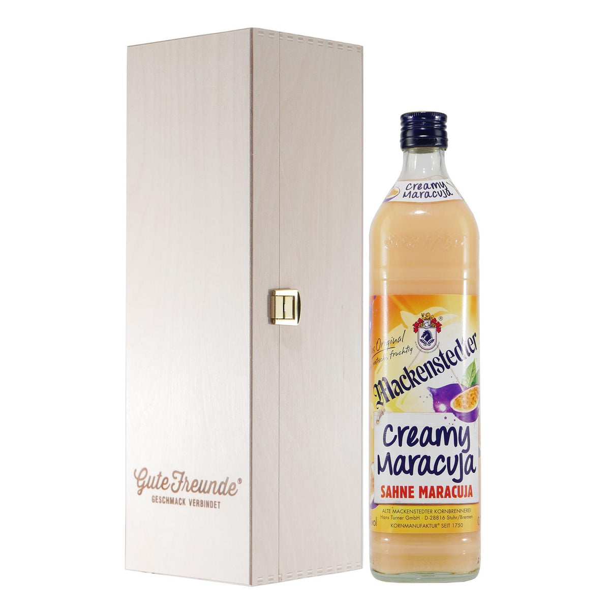 Mackenstedter Creamy-Maracuja Likör mit Geschenk-Holzkiste