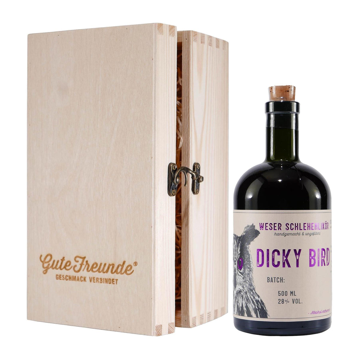 Dicky Bird Schlehen-Likör mit Geschenk-Holzkiste