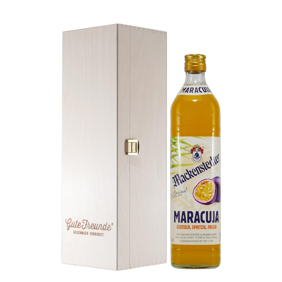 Mackenstedter Maracuja Likör mit Geschenk-Holzkiste
