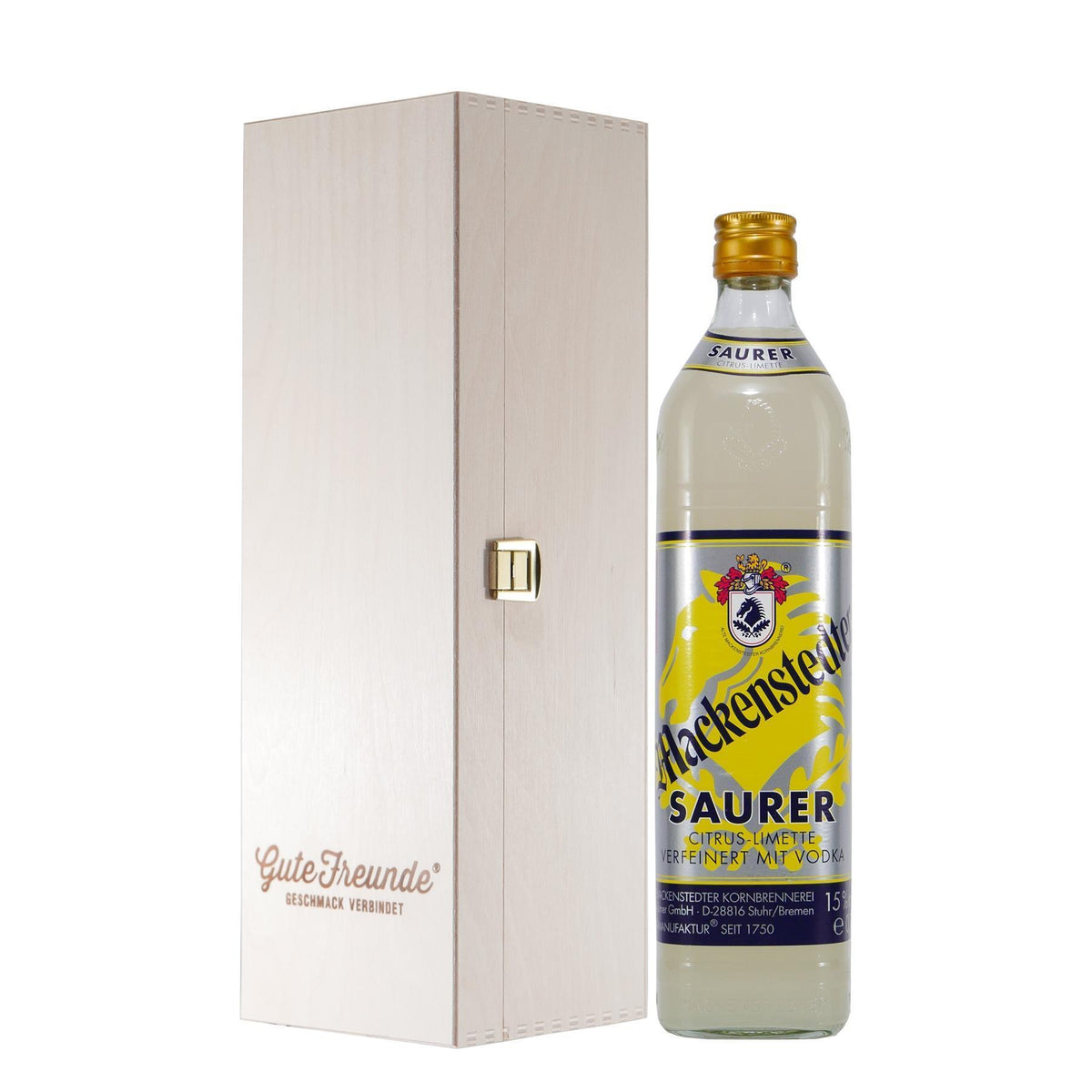 Mackenstedter Saurer Likör mit Geschenk-Holzkiste