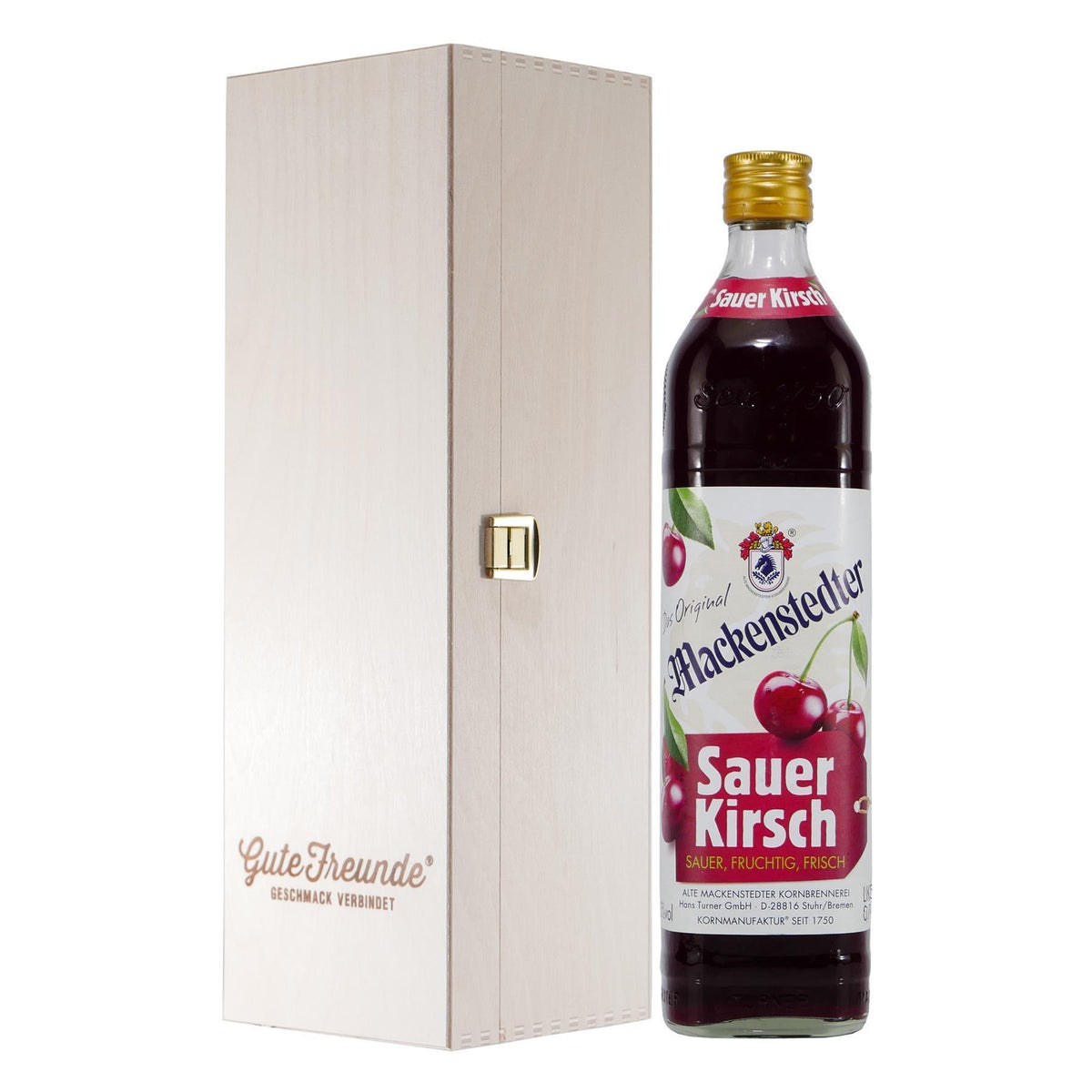 Mackenstedter Sauer Kirsch Likör mit Geschenk-Holzkiste
