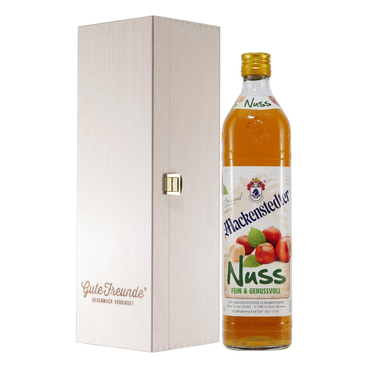 Mackenstedter Nuss Likör mit Geschenk-Holzkiste