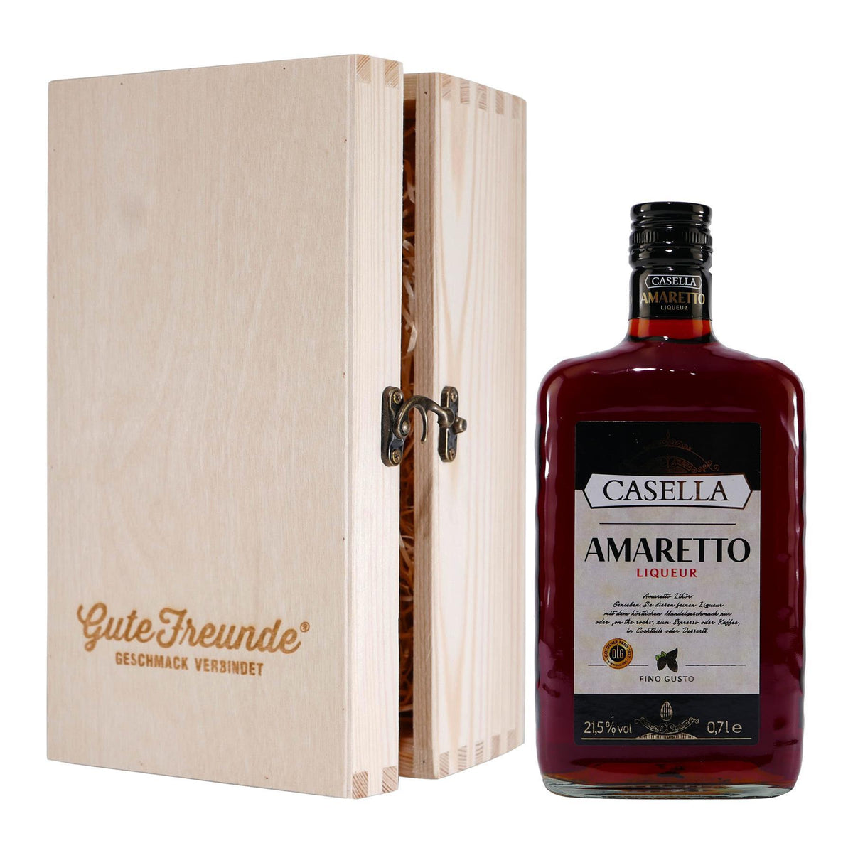 Casella Amaretto Liqueur mit Geschenk-Holzkiste