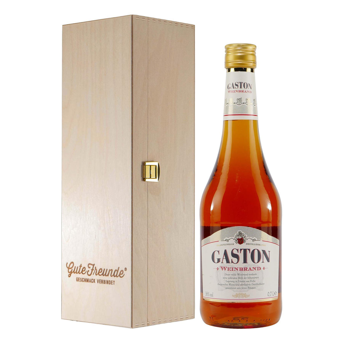 Gaston Weinbrand mit Geschenk-Holzkiste