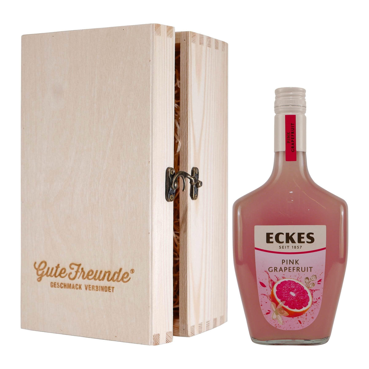 Eckes Pink Grapefruit Likör mit Geschenk-Holzkiste