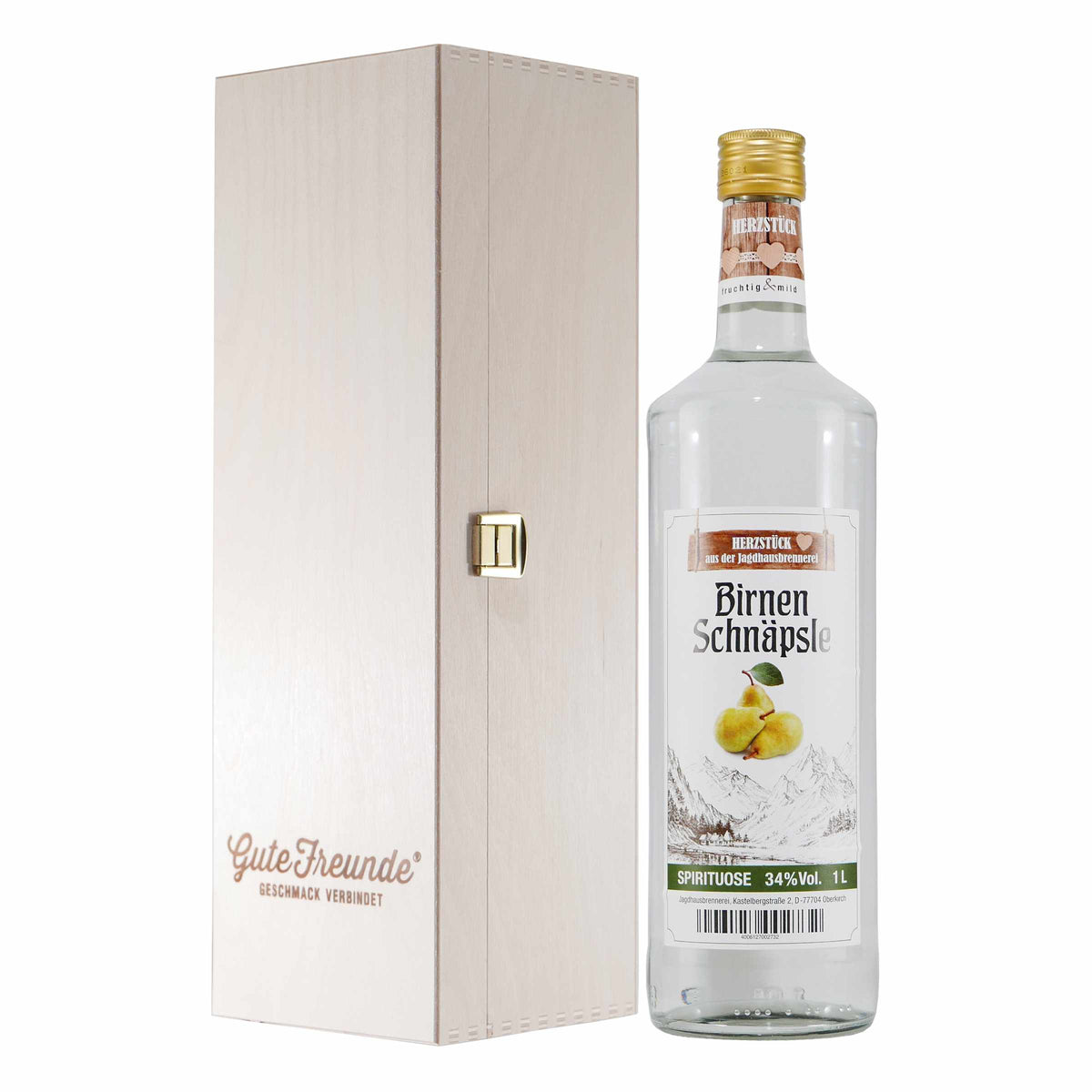 Herzstück Birnenschnäpsle mit Geschenk-Holzkiste