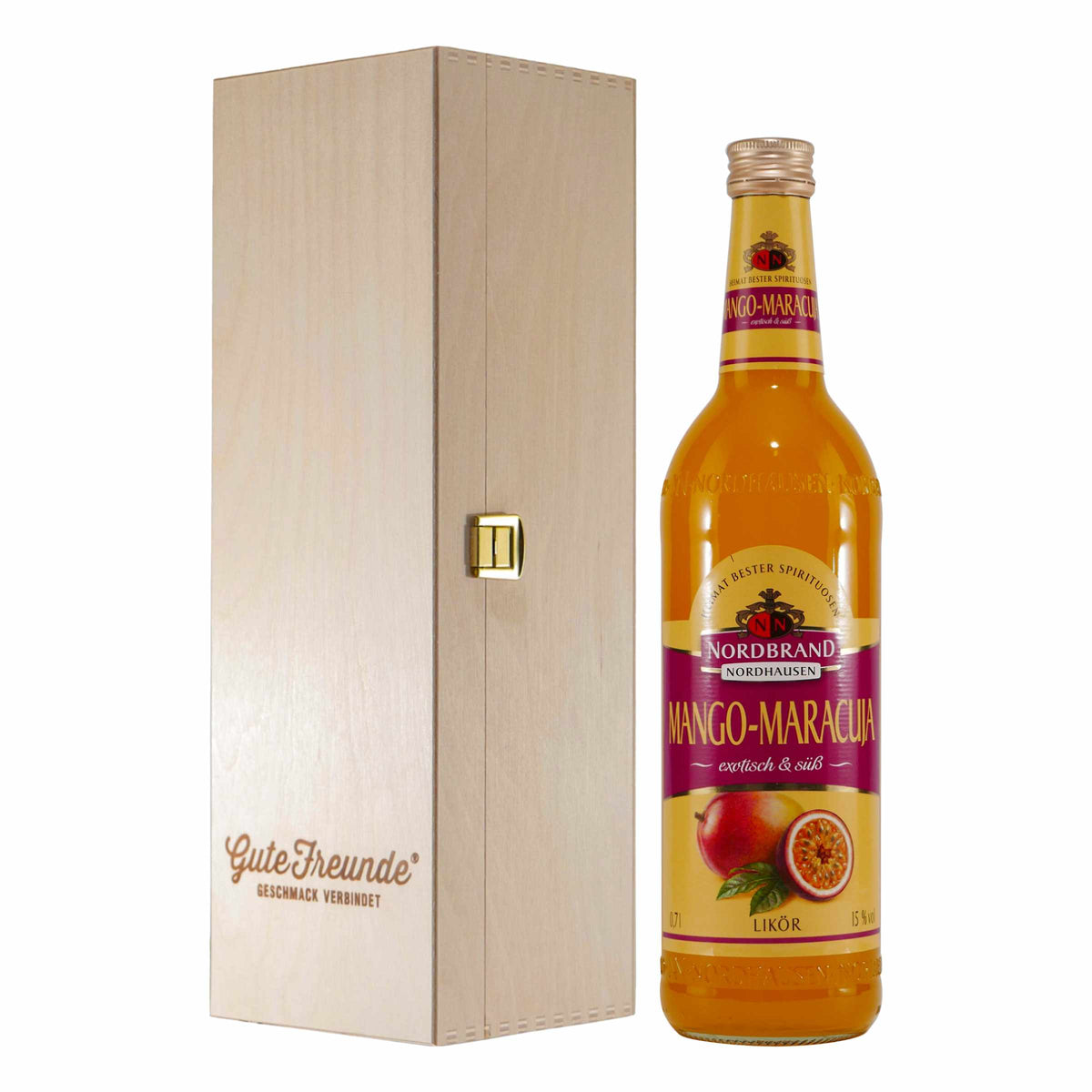Nordbrand Mango-Maracuja Likör mit Geschenk-Holzkiste