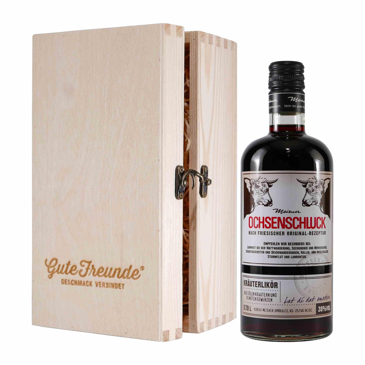 Meisner Ochsenschluck Kräuterlikör mit Geschenk-Holzkiste