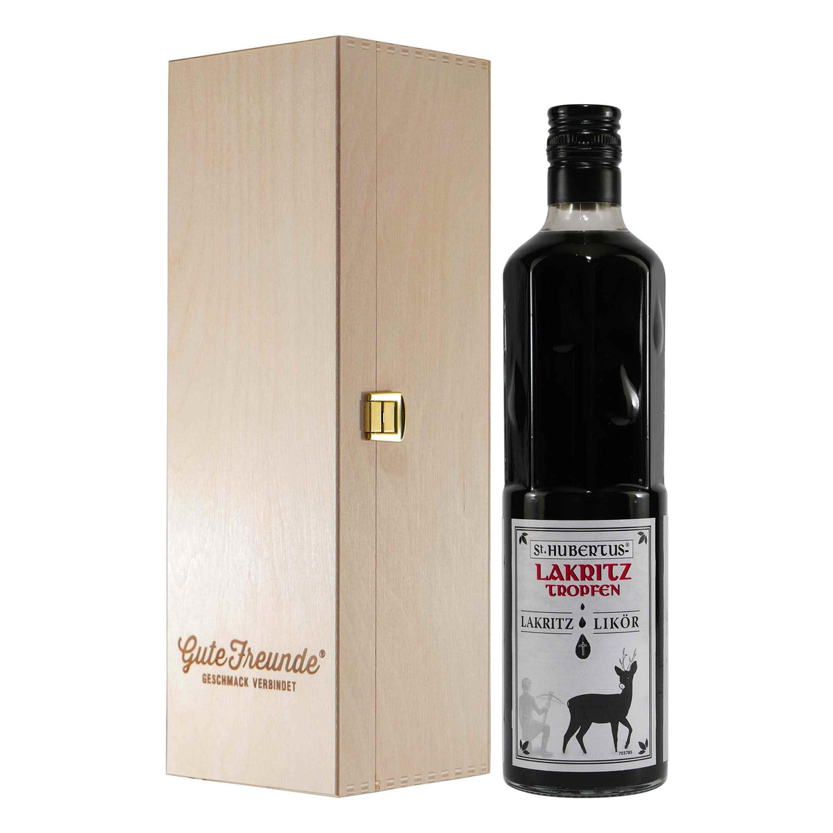 St. Hubertus Lakritz-Tropfen Likör mit Geschenk-Holzkiste